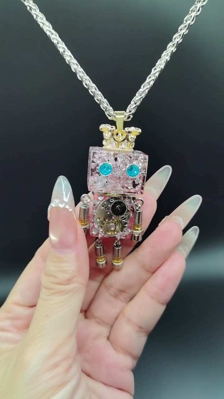 Pink Robot Pendant with Crown