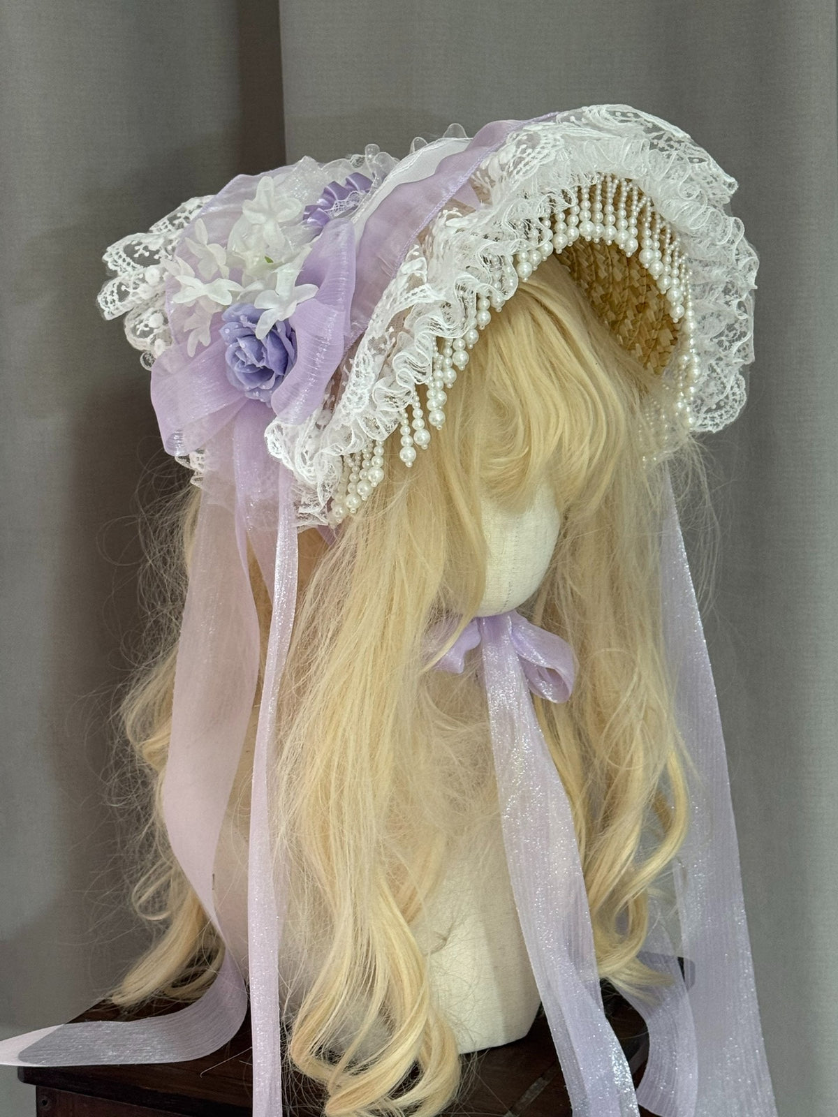 Handcrafted Lolita Straw Bonnet Hat Lavender Lace