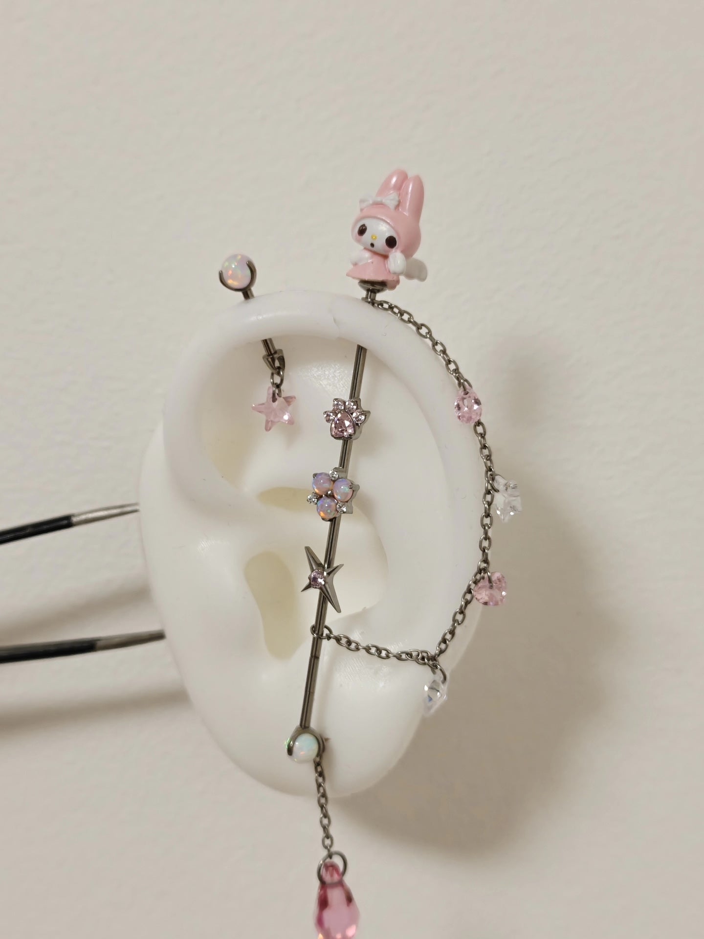 Titanium Alloy Ear Bridge and Stud Set with Chain, Star, Flower, and Gemstone Charms