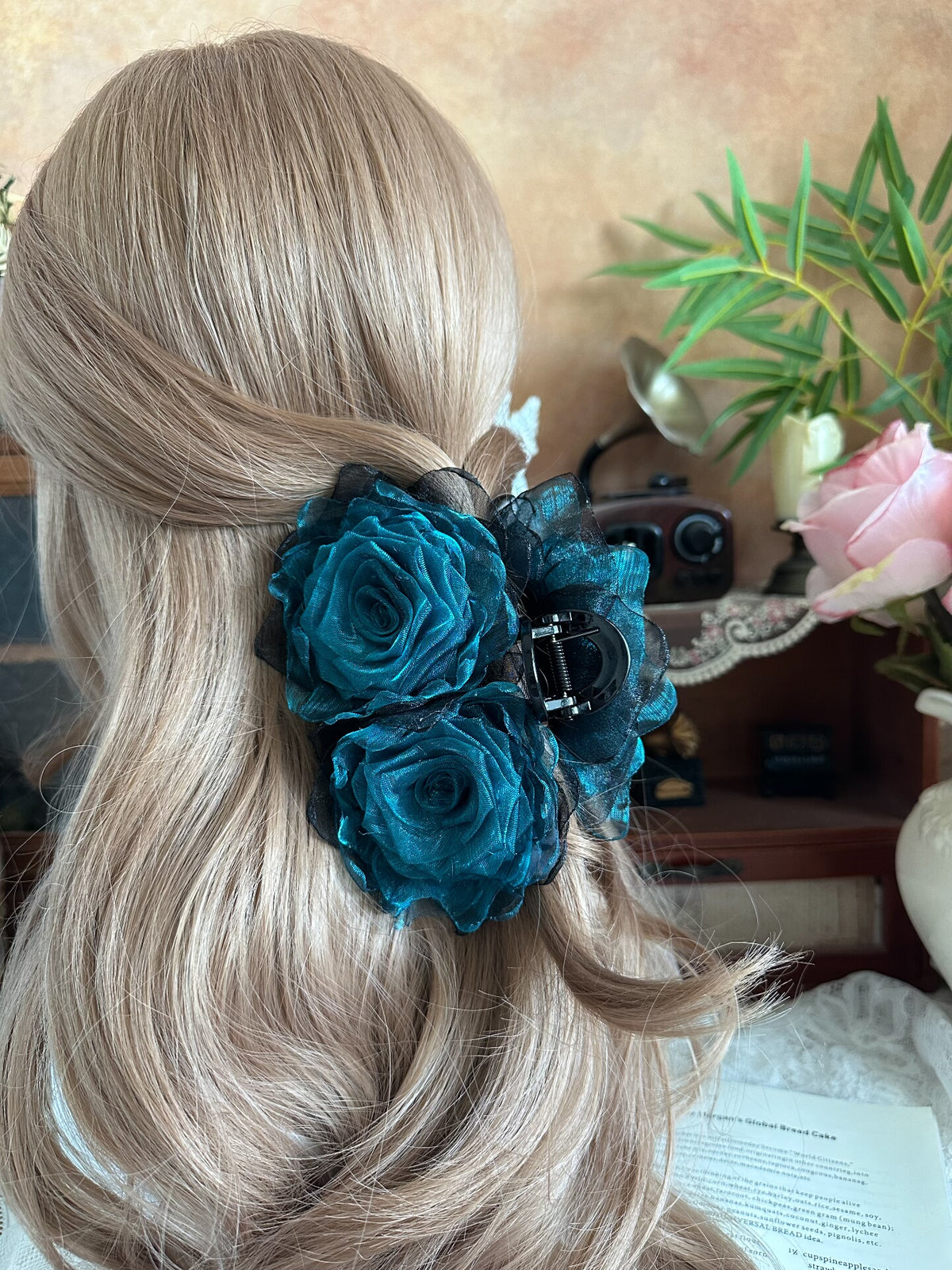 Handcrafted Peacock Blue Fabric Rose Hair Clip