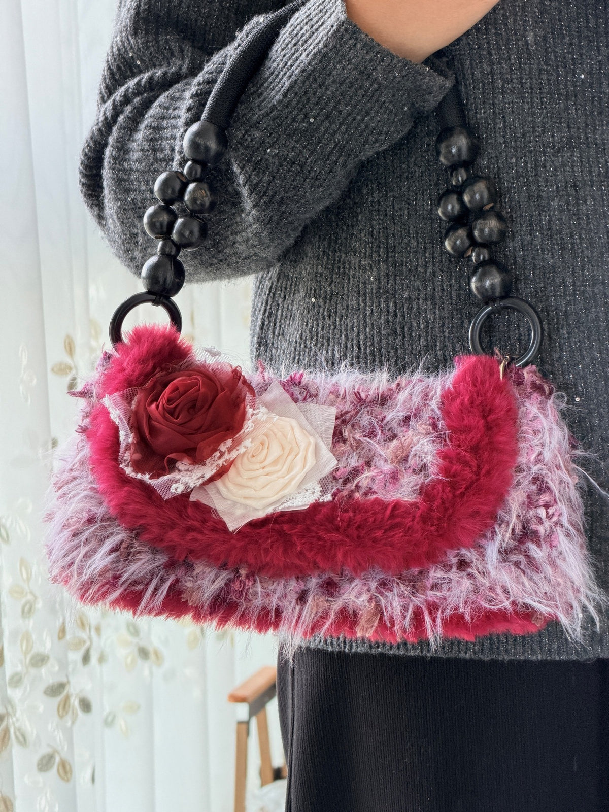 ビーズハンドル付きハンドメイド クロシェ ハンドバッグ