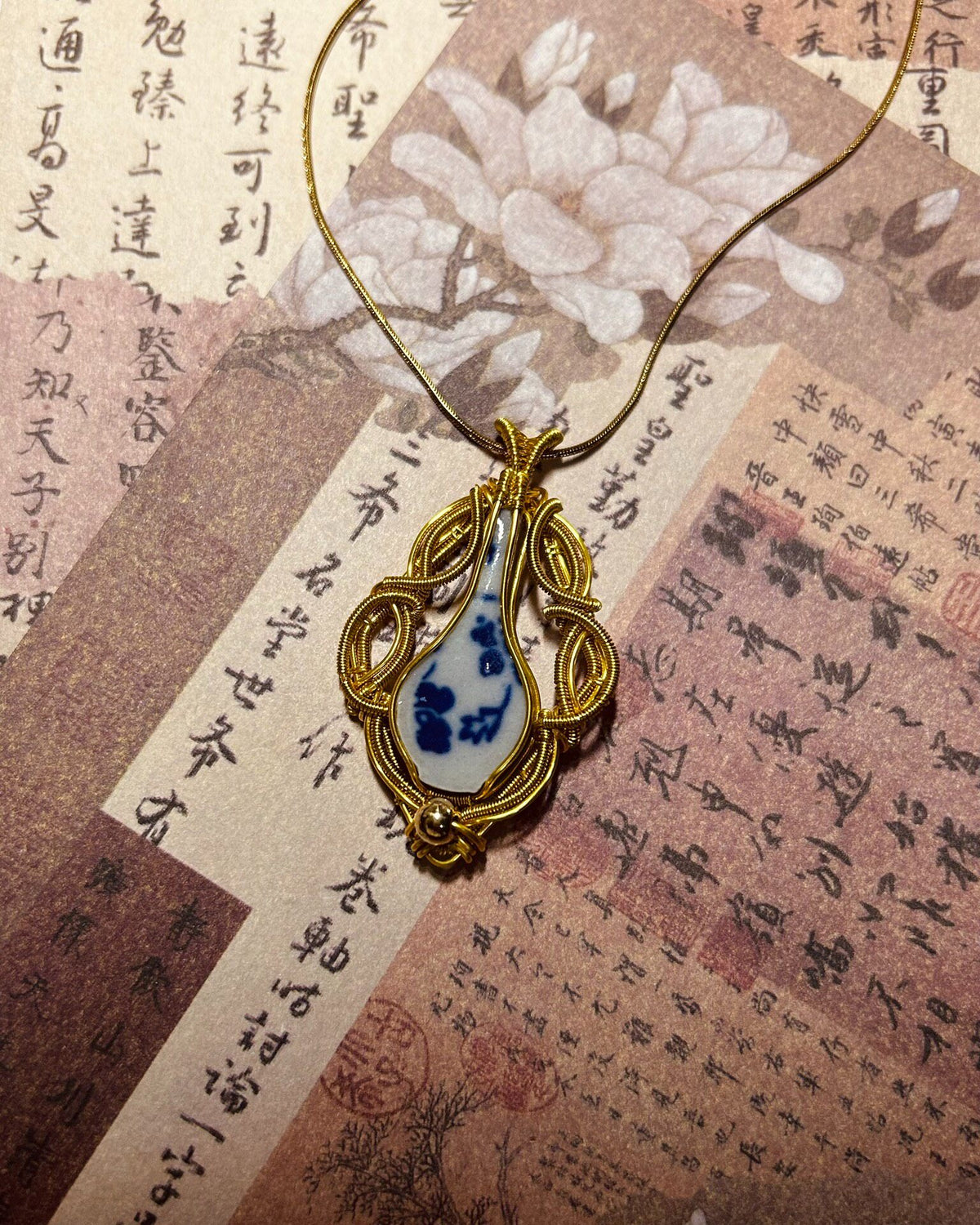 Ceramic Teardrop Pendant Necklace with Wire Wrap