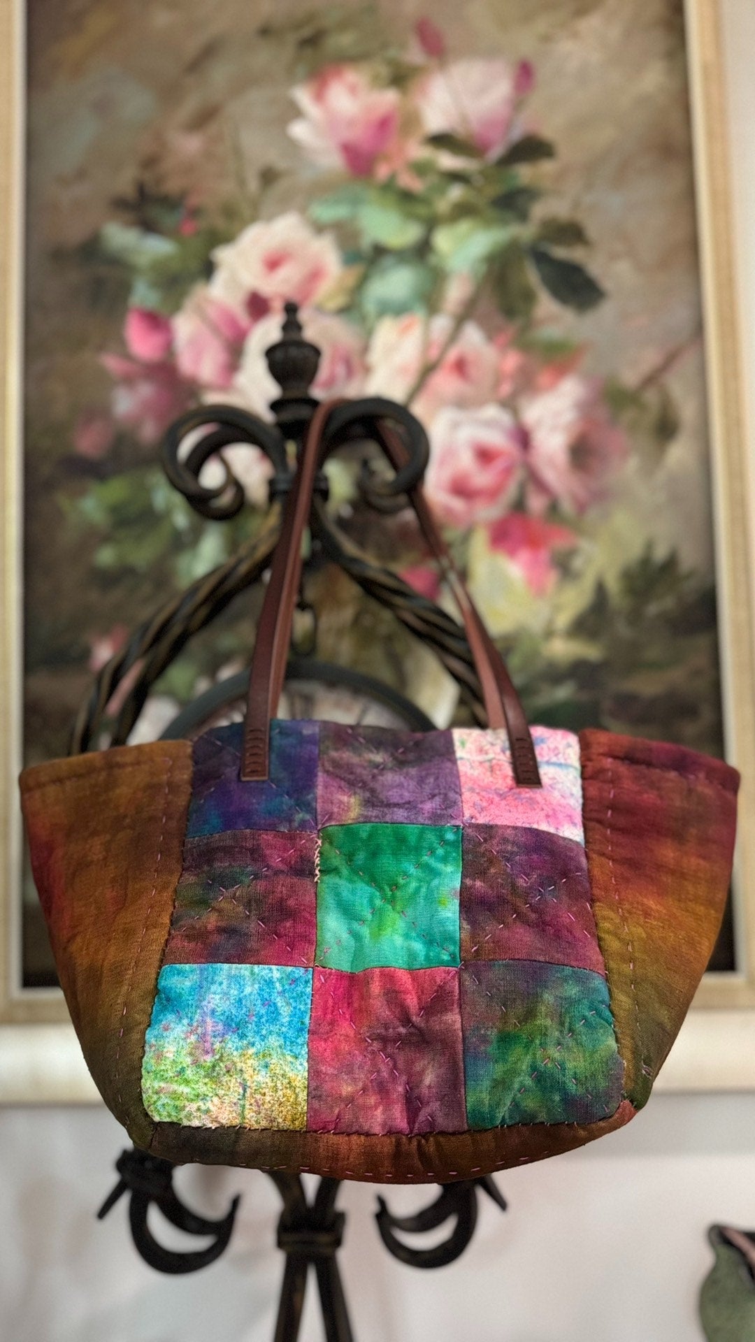 Handwoven Plant Dyed Patchwork Leather Handle Tote