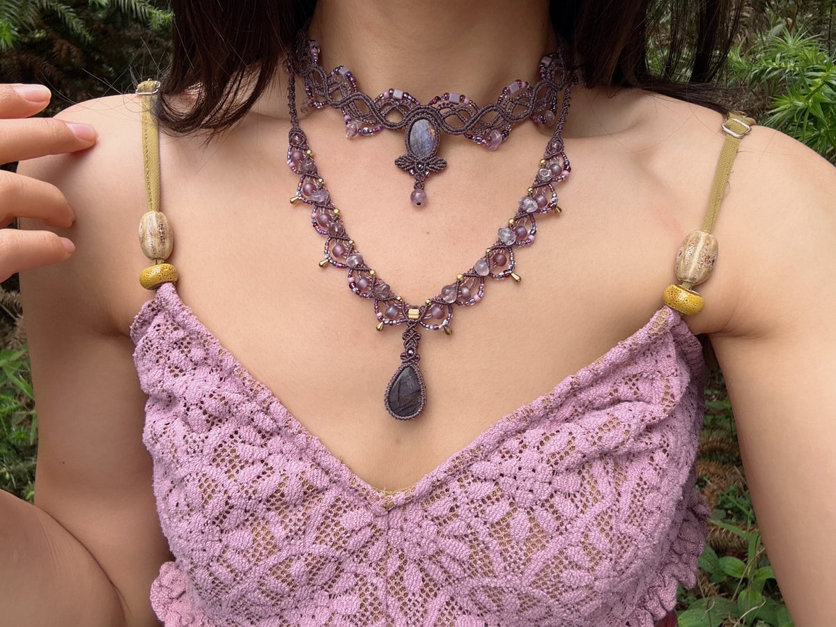 Grey Purple Macrame Labradorite Choker Necklace