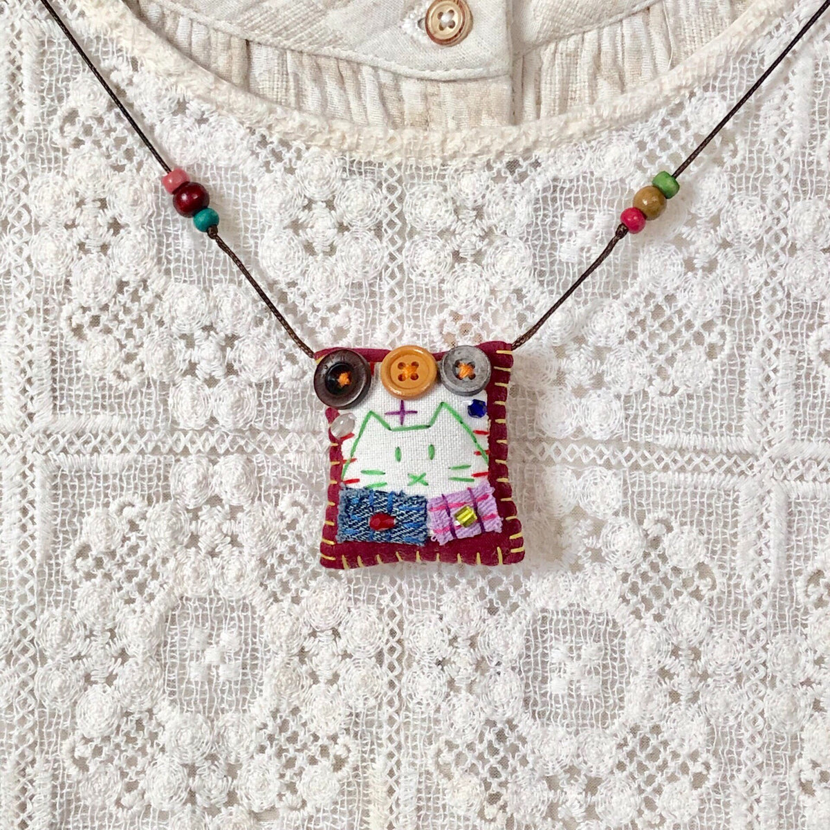 Handmade Embroidered Cat Pendant Necklace