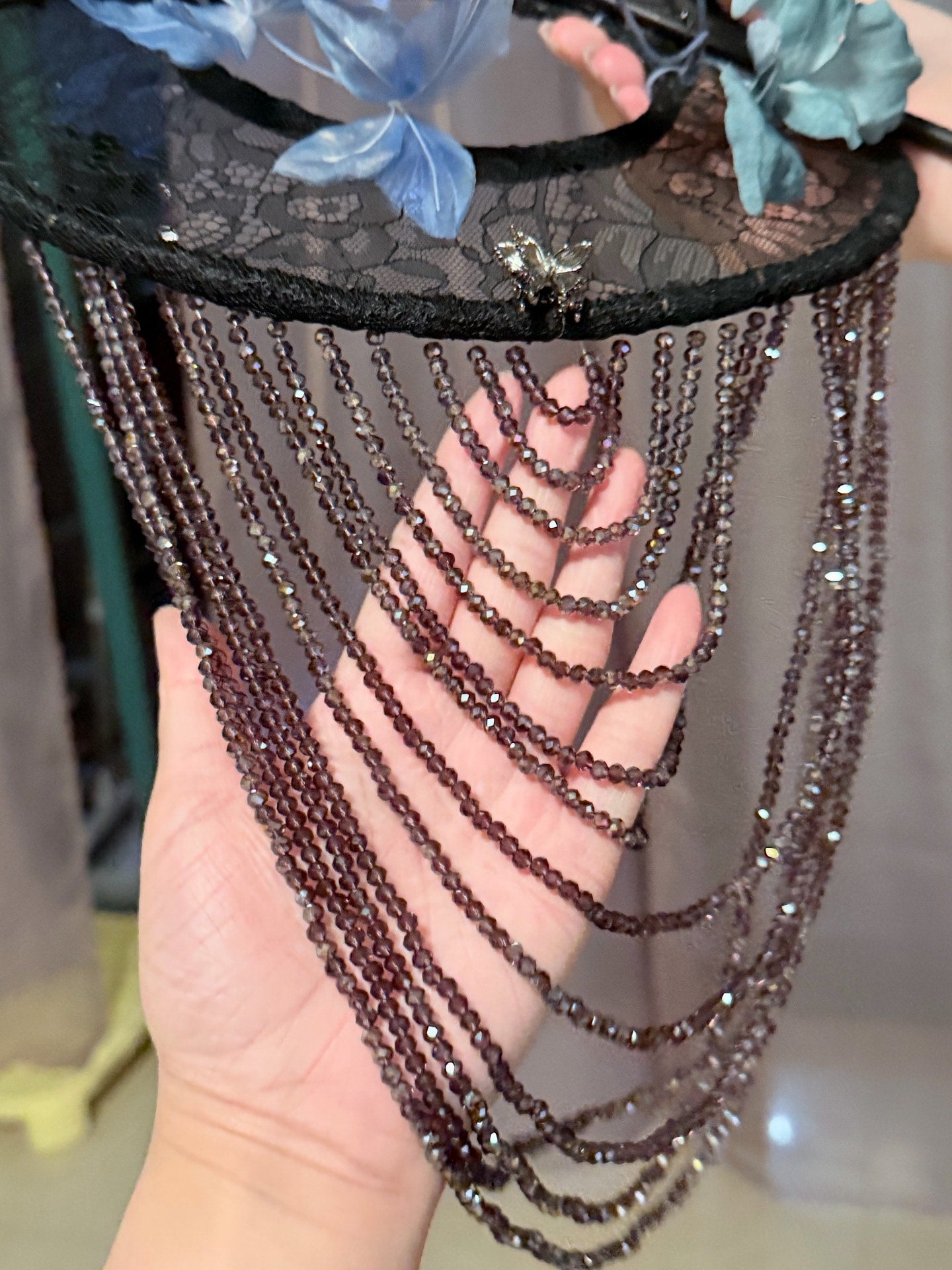 Custom Black Lace Veil Hat with Silk Flowers, Beaded Fringe, and Metallic Bee Ornament