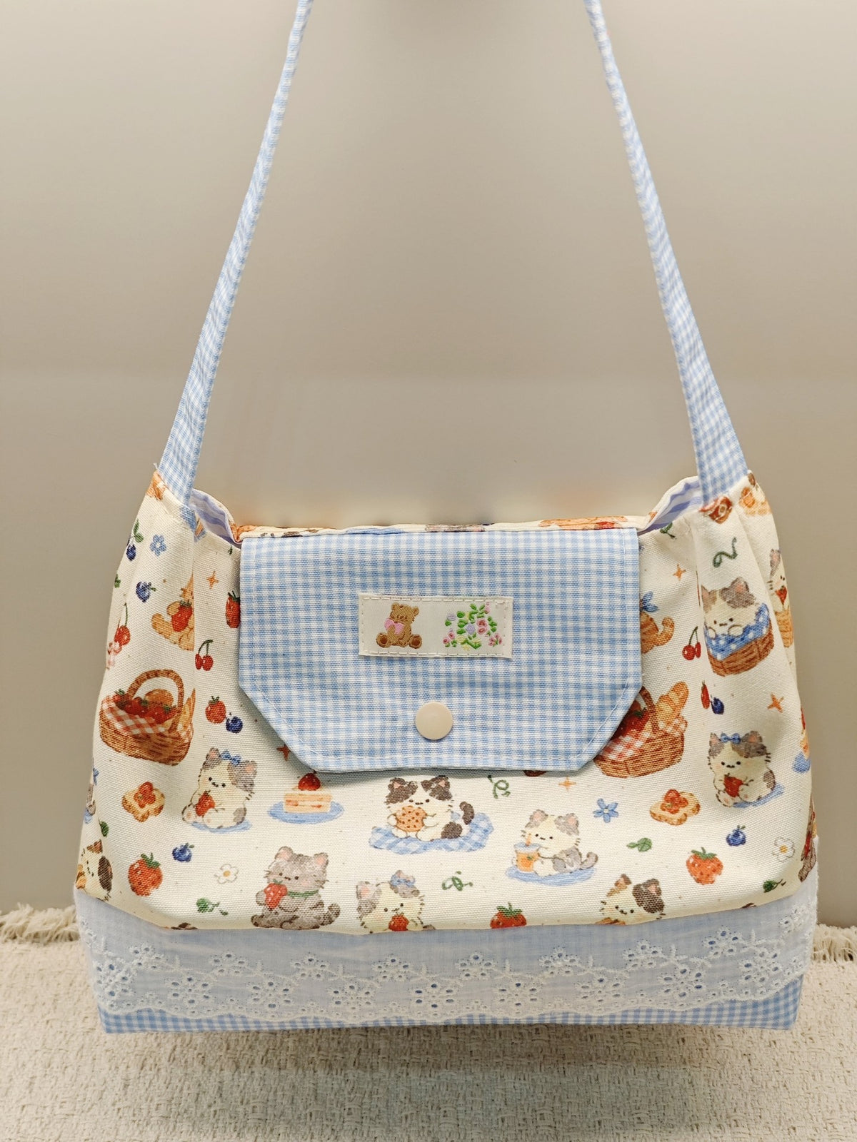 Cat Canvas Shoulder Bag Gingham Print