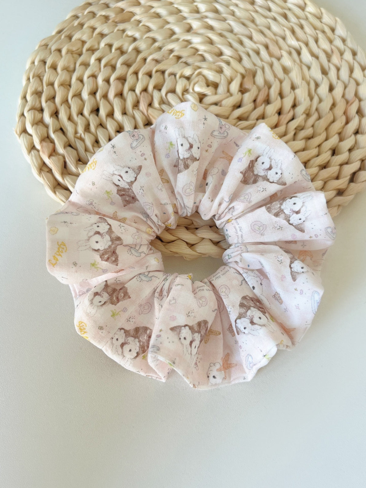 Pink Rabbit Print Fabric Hair Scrunchie