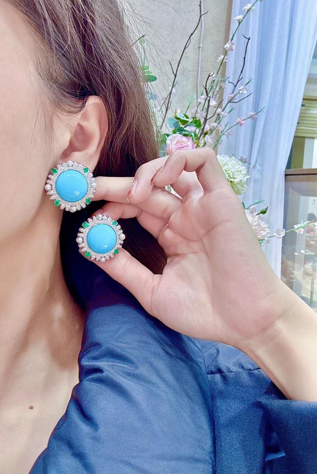 Victorian Turquoise, Emerald, Pearl, and Diamond Stud Earrings, 18K Gold, 28.8mm
