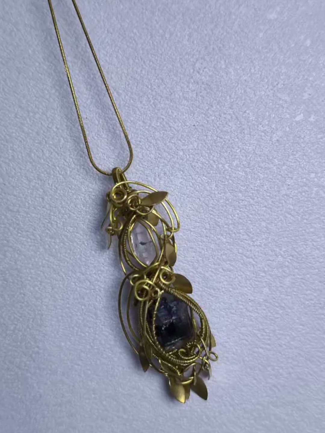 Handmade Brass Wire Wrapped Crystal Pendant Necklace