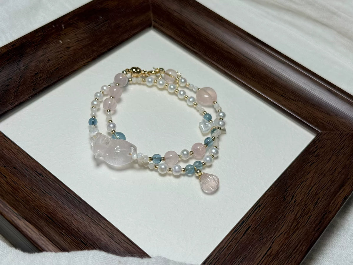 Rose Quartz Cat Pearl Double Strand Bracelet