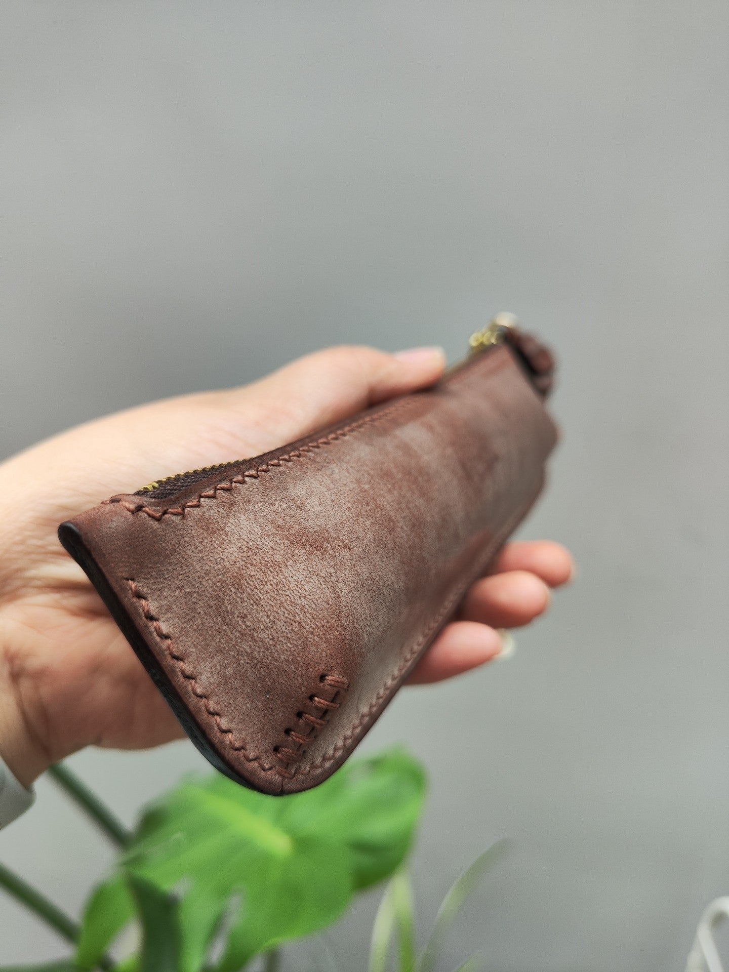 Handmade Leather Pencil Case, Imported Waxed Vegetable-Tanned Cowhide, Croissant Charm