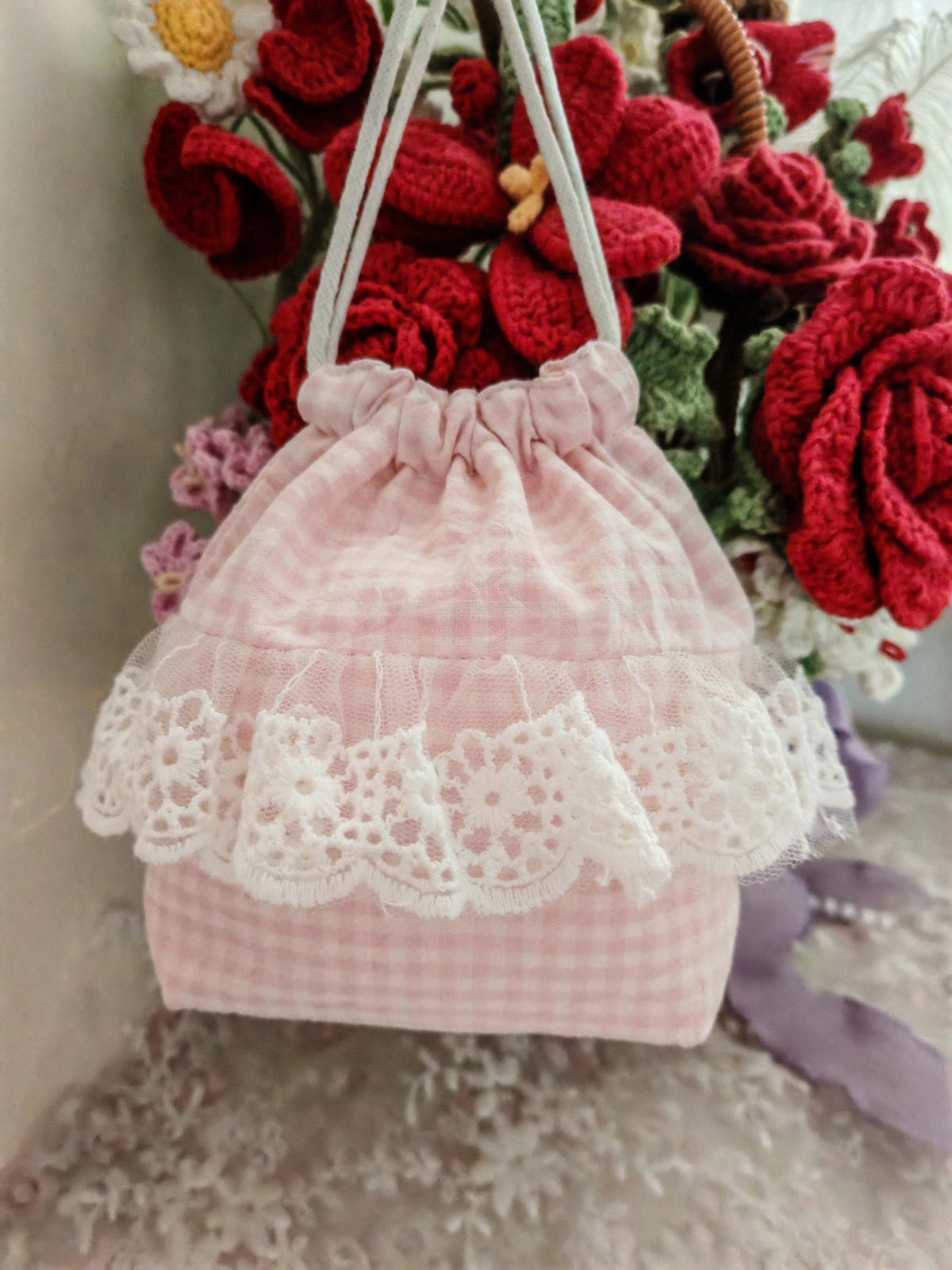 Roze Gingham Katoen Trekzak Met Kant