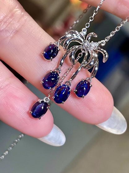 18K White Gold Palm Tree Pendant Necklace with 2.58ct Royal Blue Sapphires