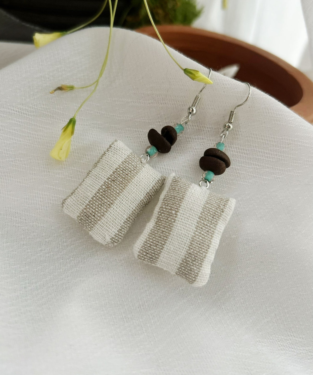 Handmade Fabric Earrings with Wooden Beads