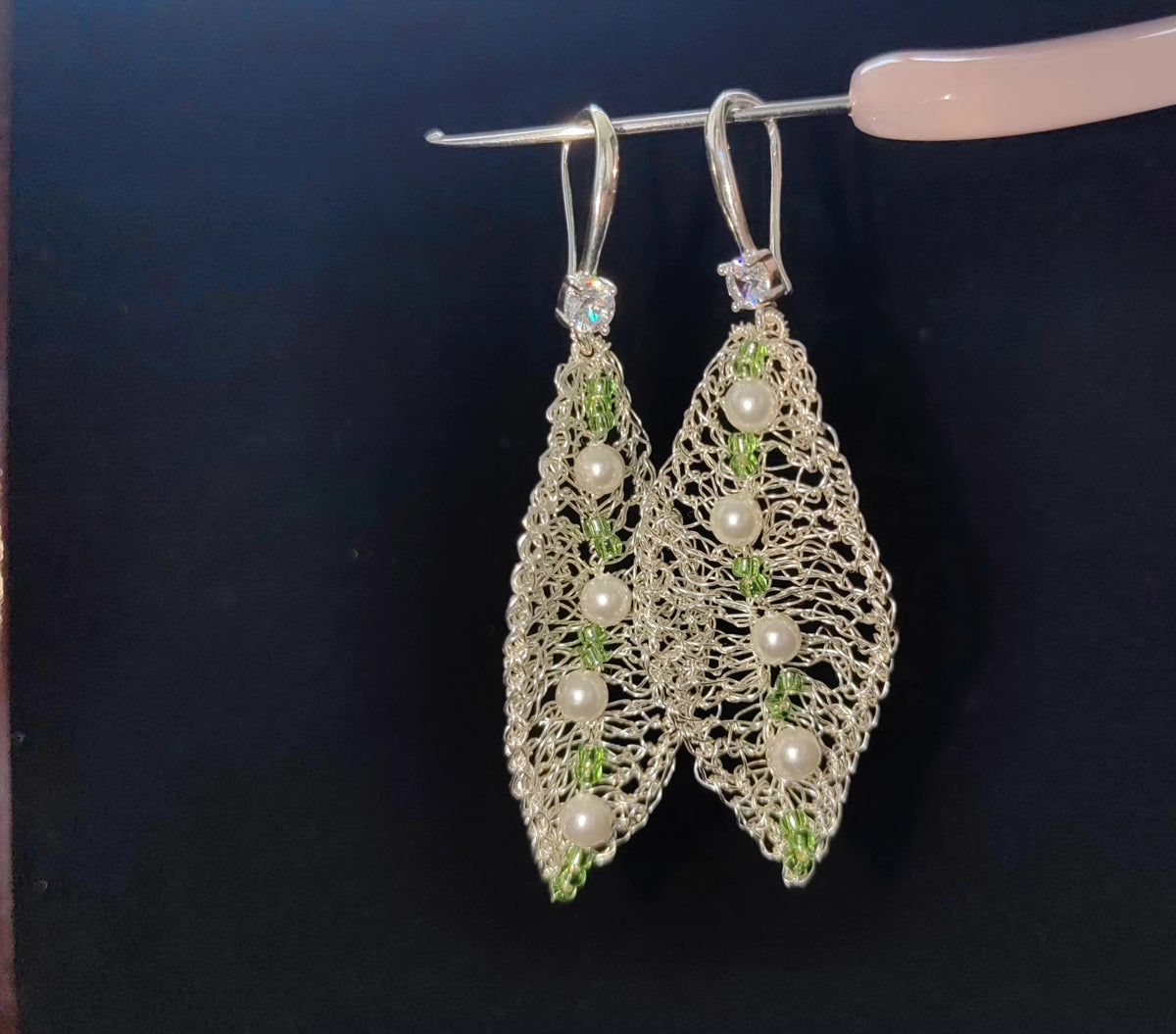 Handwoven Silver Leaf Pearl Earrings