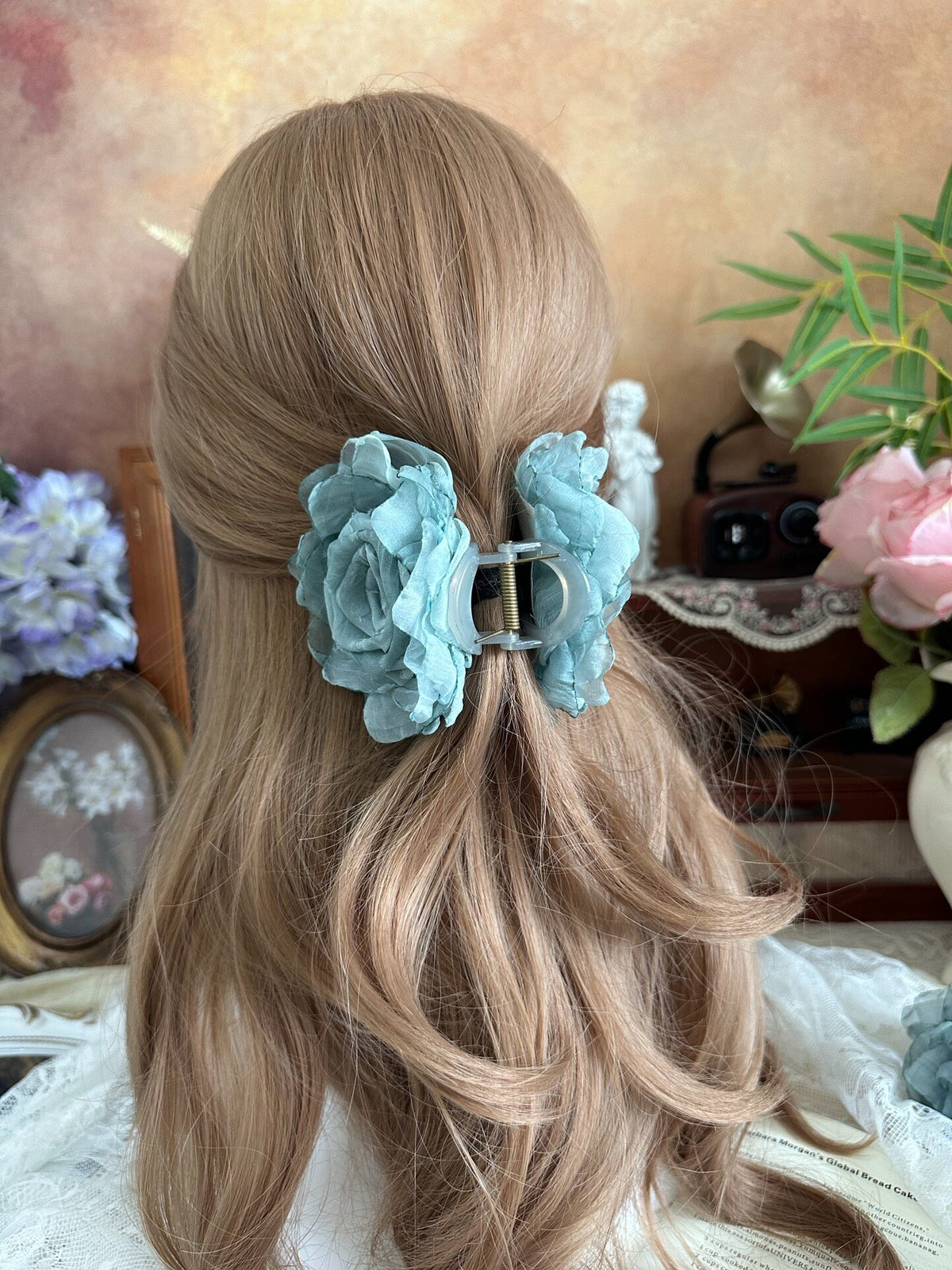 Handcrafted Fabric Rose Hair Claw Dusty Blue