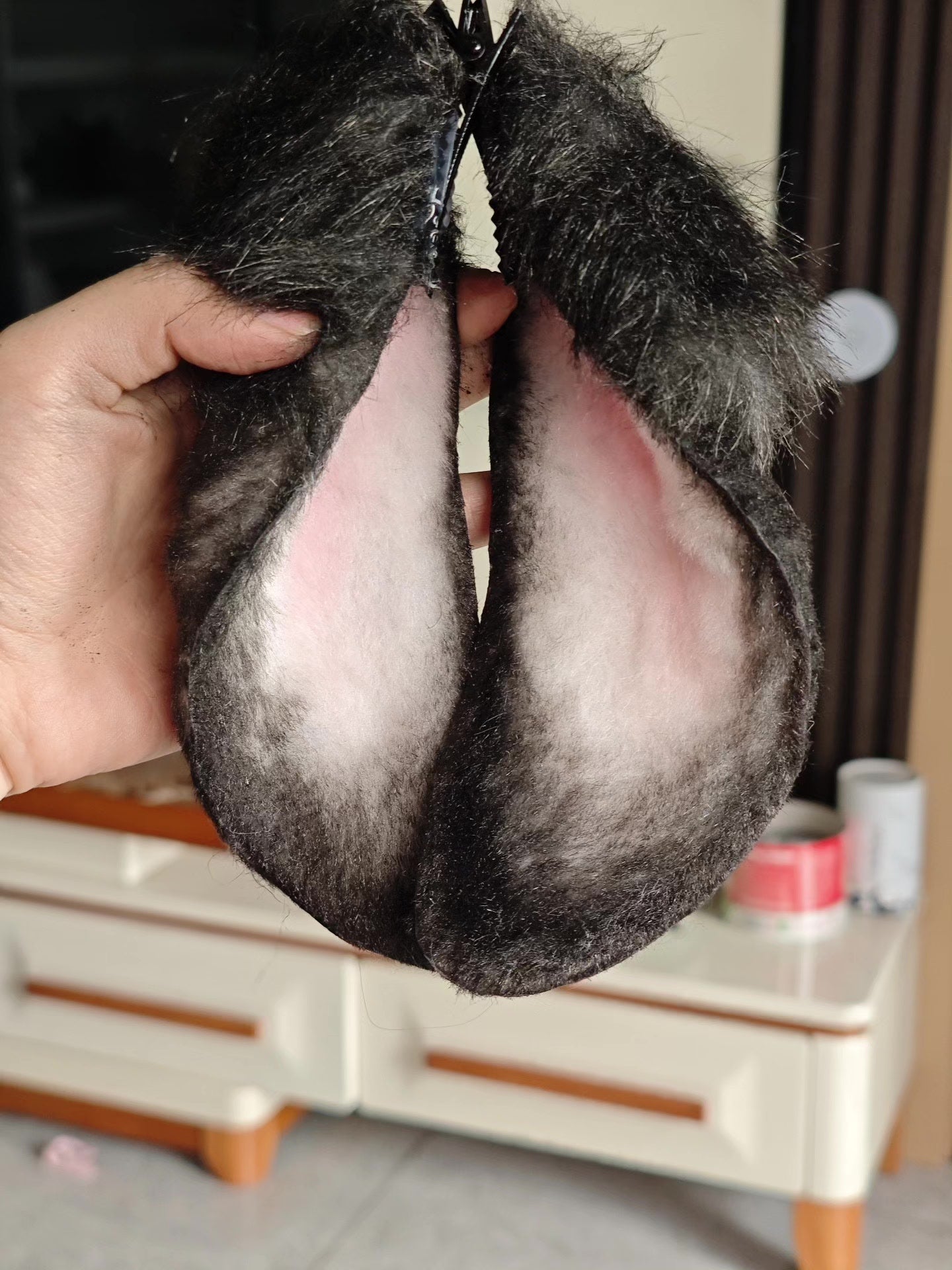 Handmade Lop-Ear Rabbit Ears with Black-to-Gray Fur