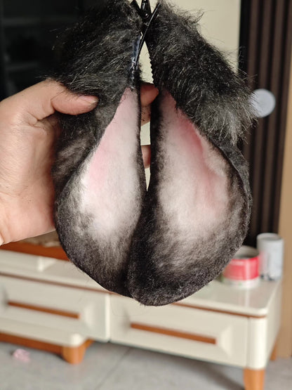 Handmade Lop-Ear Rabbit Ears with Black-to-Gray Fur