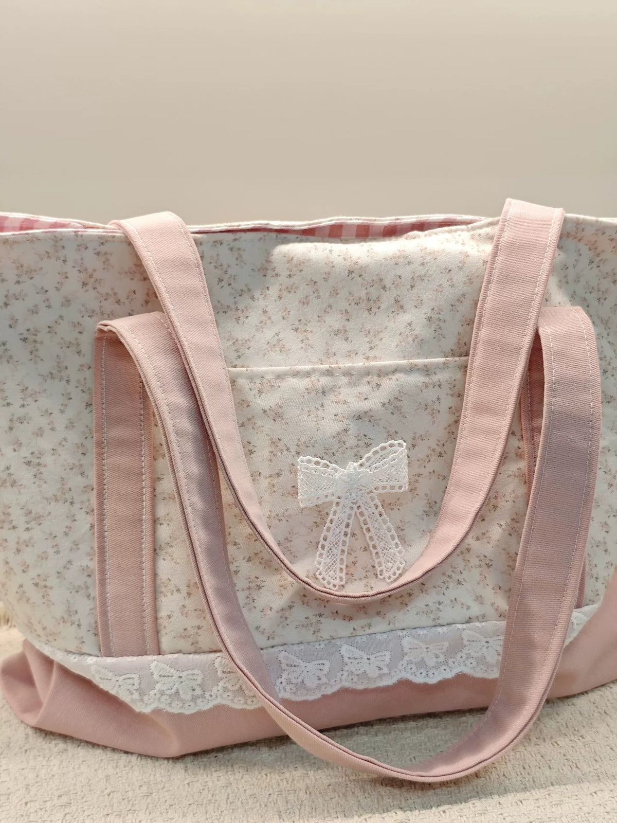 Pink Floral Spliced Large Tote Bag