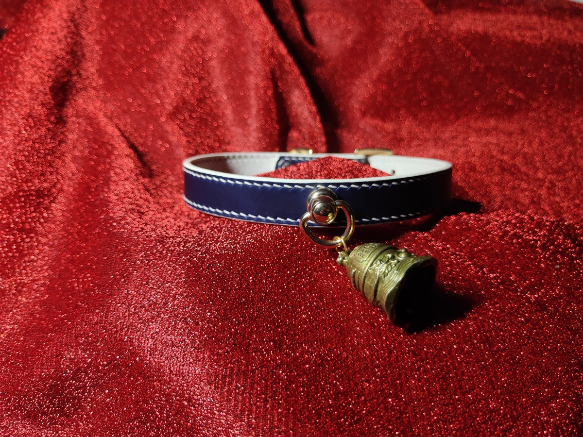 Blue White Leather Collar with Bronze Bell