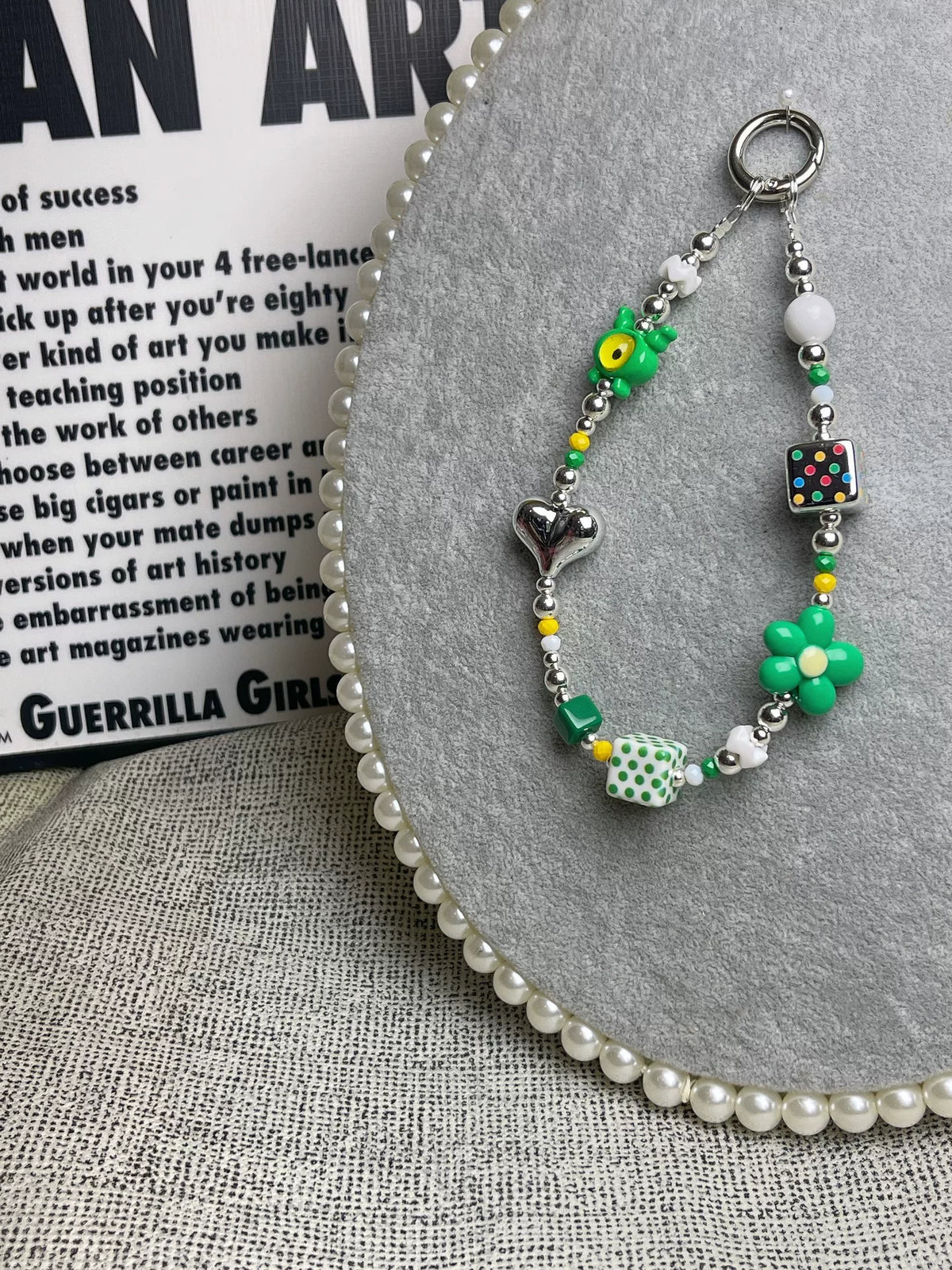 Handmade Beaded Phone Chain with Green Charms