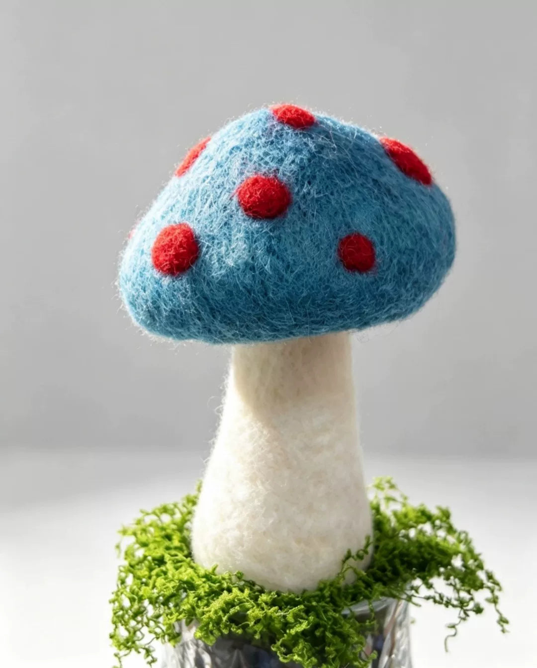 Blue Felt Mushroom Figurine in Glass