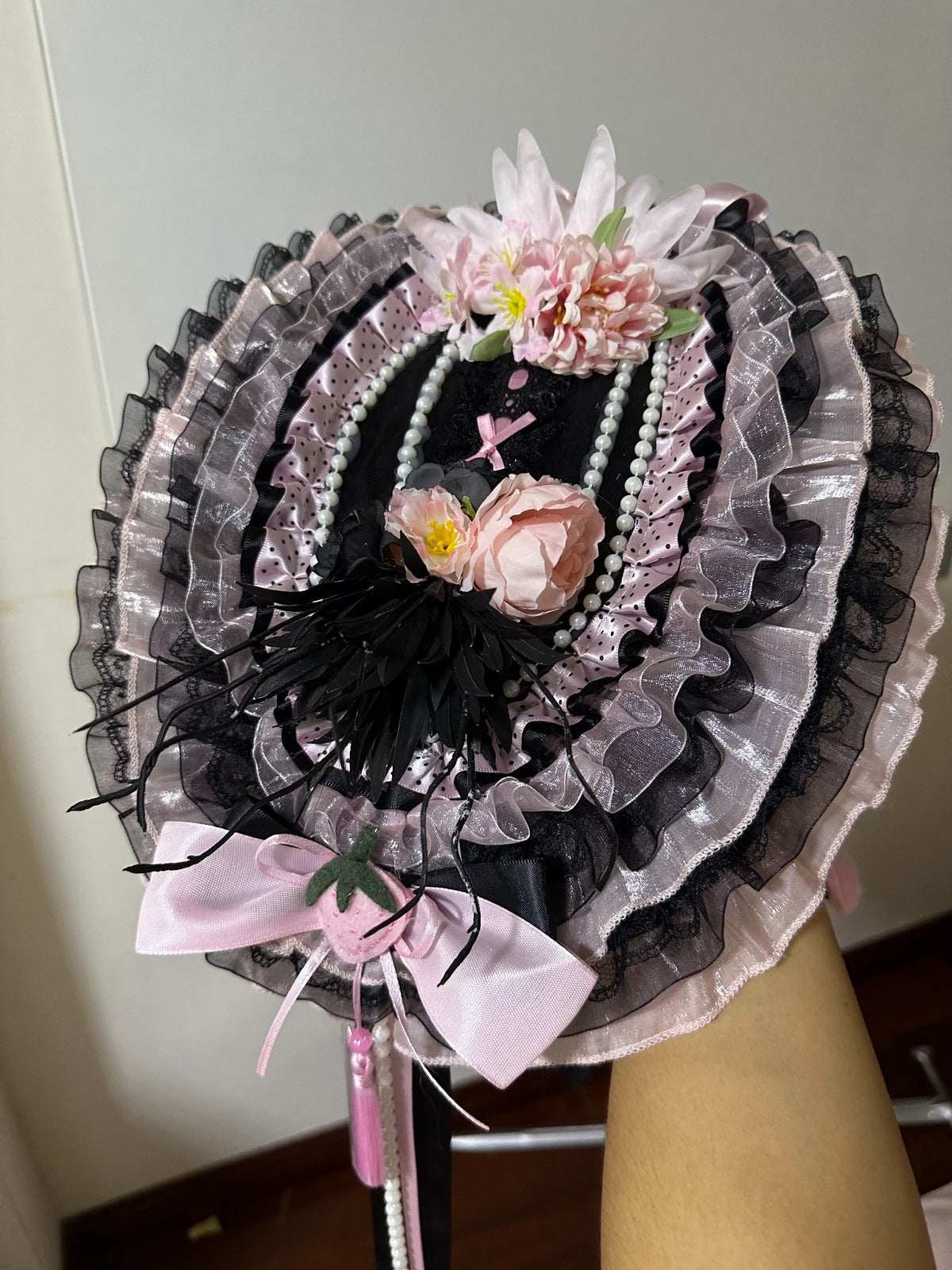 Black Pink Lolita Bonnet Hat with Pearls