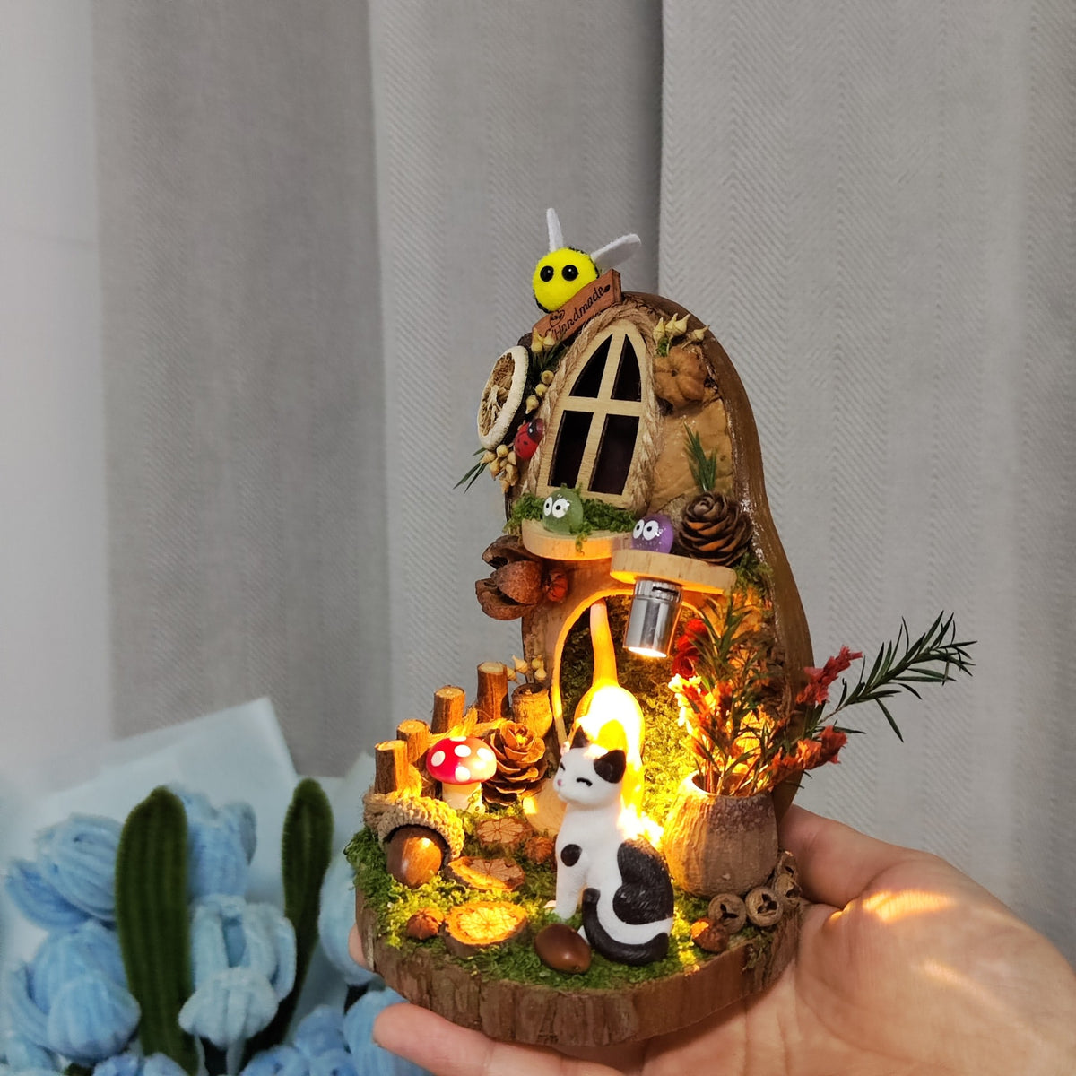Handcrafted Cat Figurine Diorama in Natural Pod