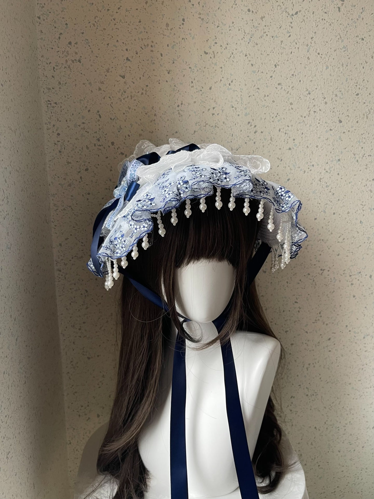 Lolita Blue White Lace Bonnet Hat