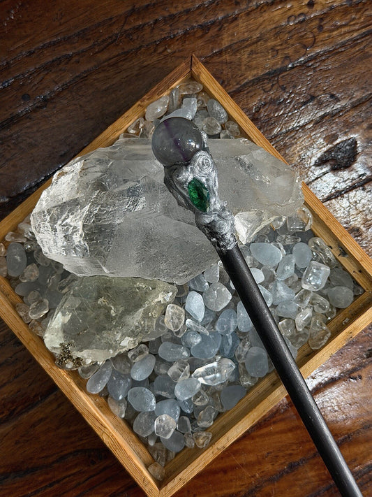 Dark Wood Hair Stick with Silver Handle, Green Gemstone, and Blue Fluorite Bead