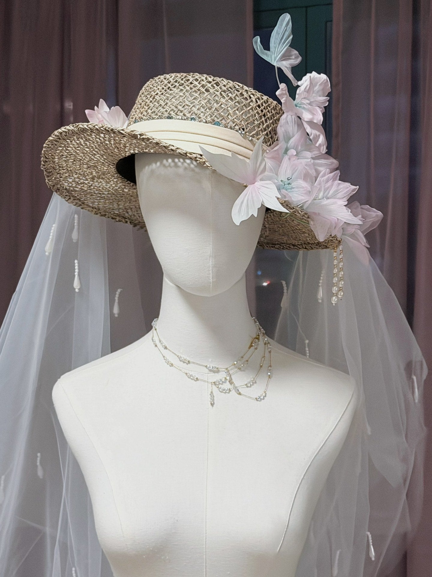 Straw Hat with Floral and Pearl Veil