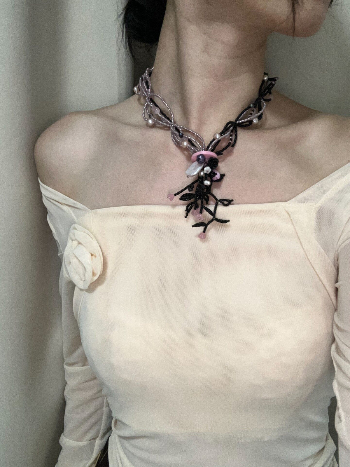 Handmade Beaded Necklace Purple Black Pink