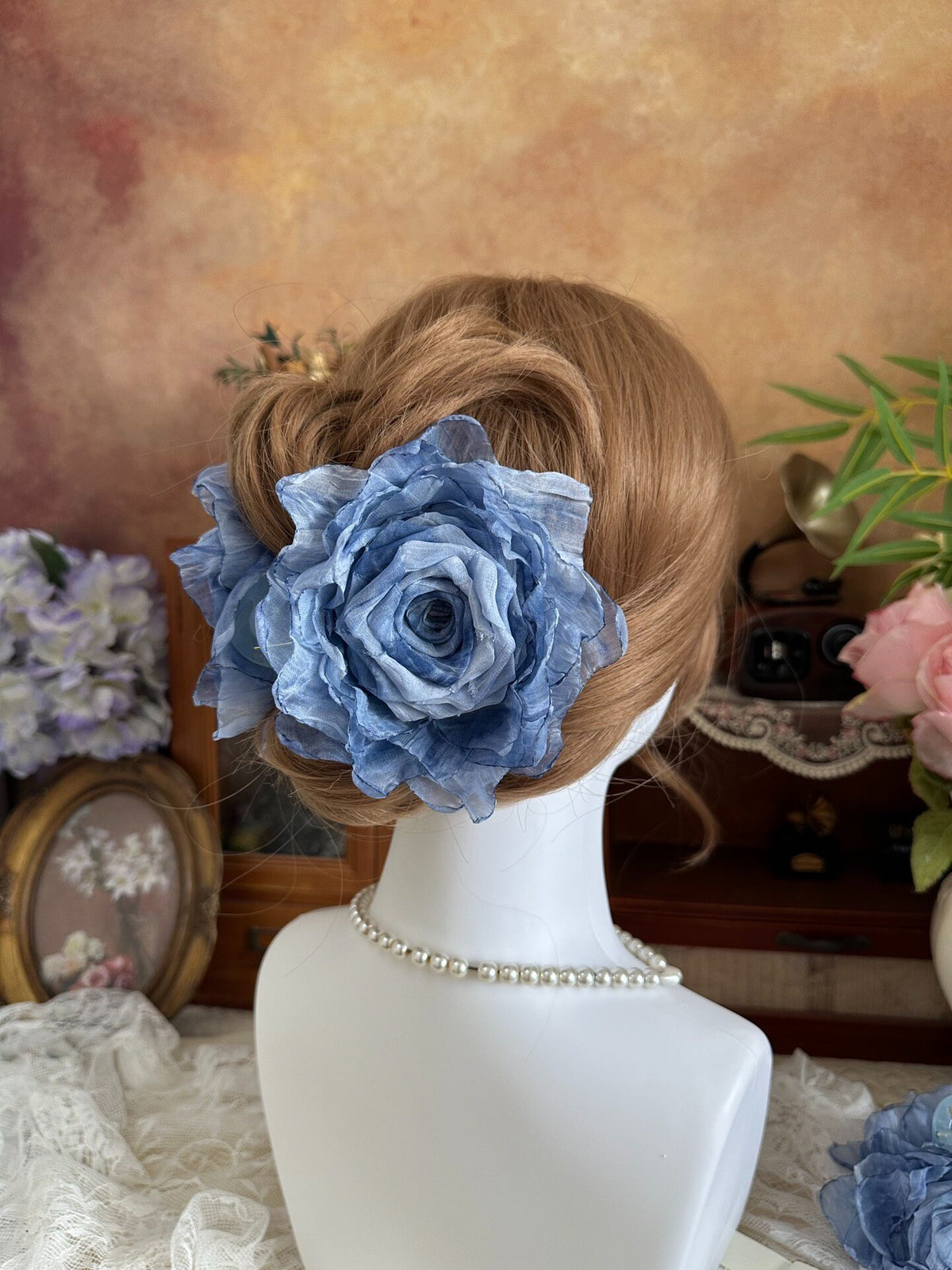 Handcrafted Monet Blue Fabric Rose Hair Claw