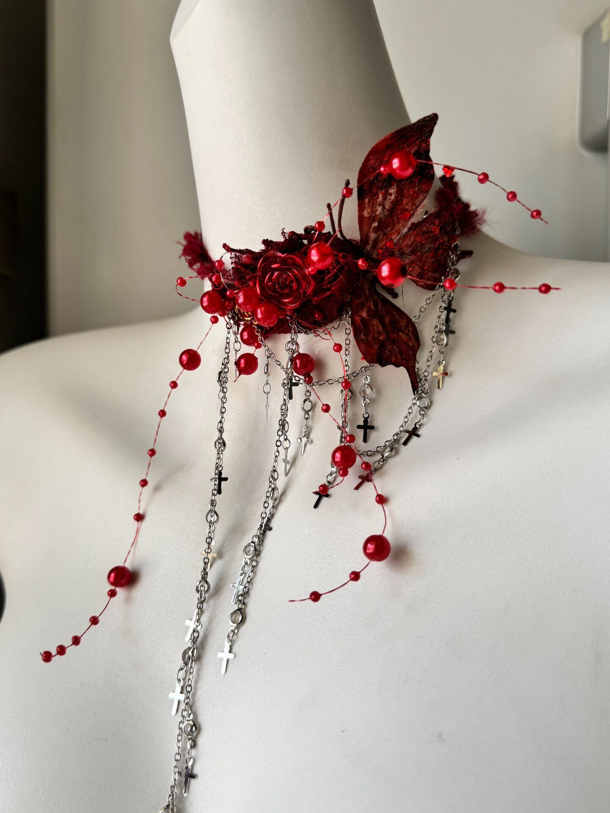 Handcrafted Gothic Choker Necklace Blood Red Butterfly
