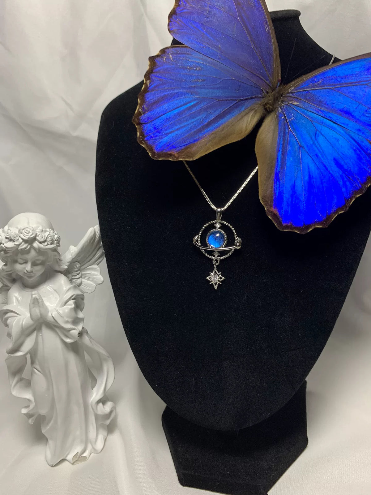 Morpho Butterfly Wing Pendant Necklace 925 Silver Plated