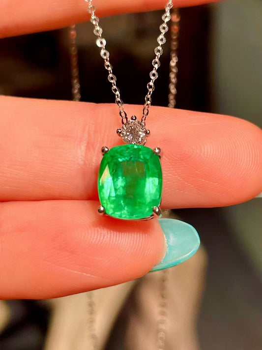 Platinum Cushion-Cut Emerald Pendant with Diamond Accent