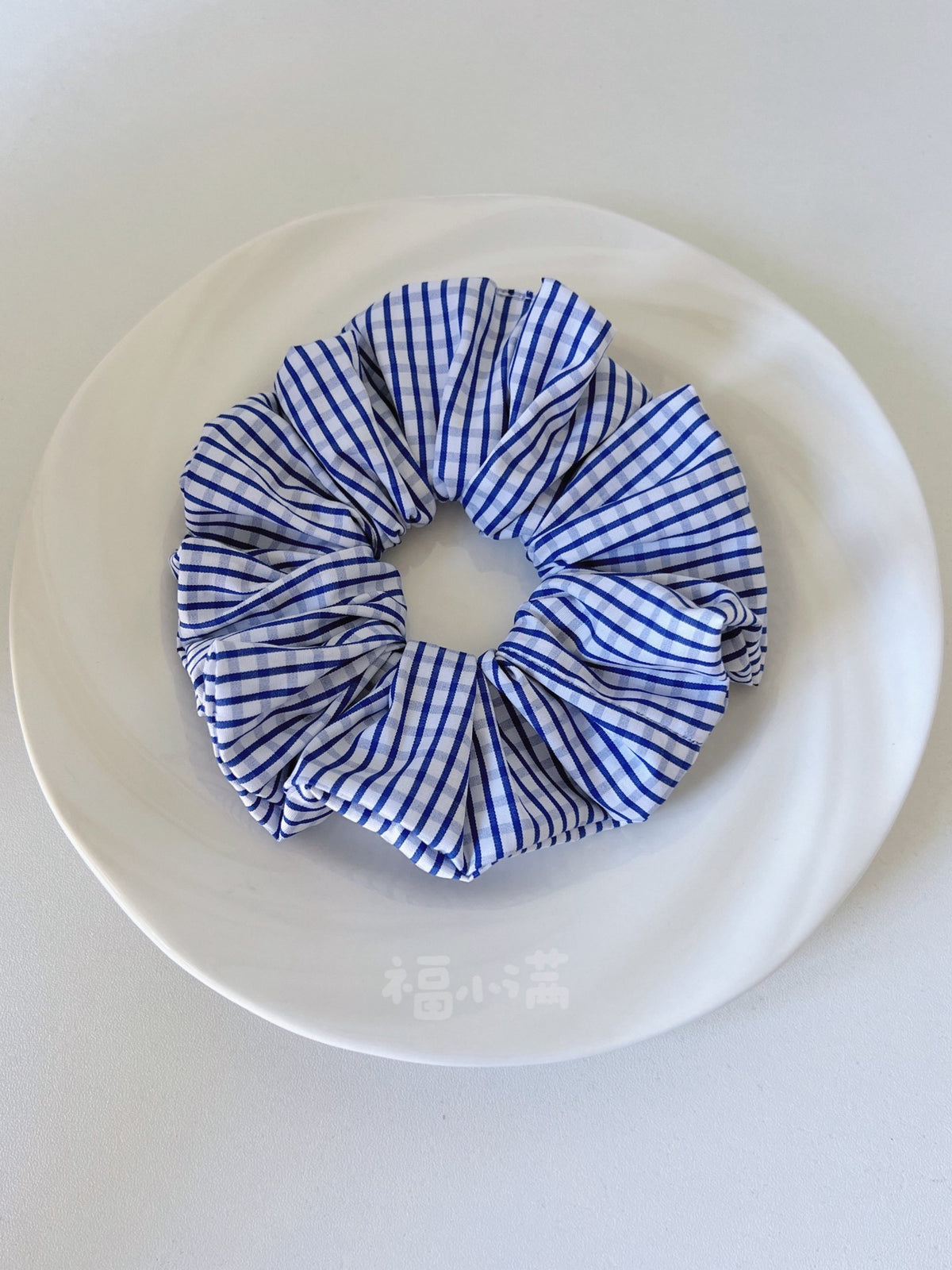 Navy Stripe Check Handmade Hair Scrunchie
