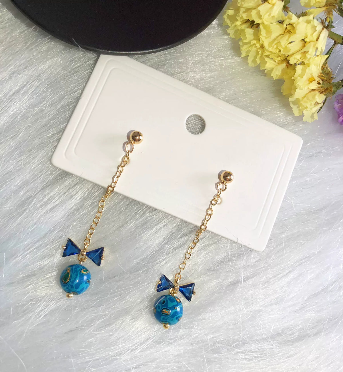 Brincos de Pendente com Laço e Turquesa em Ouro de 14K