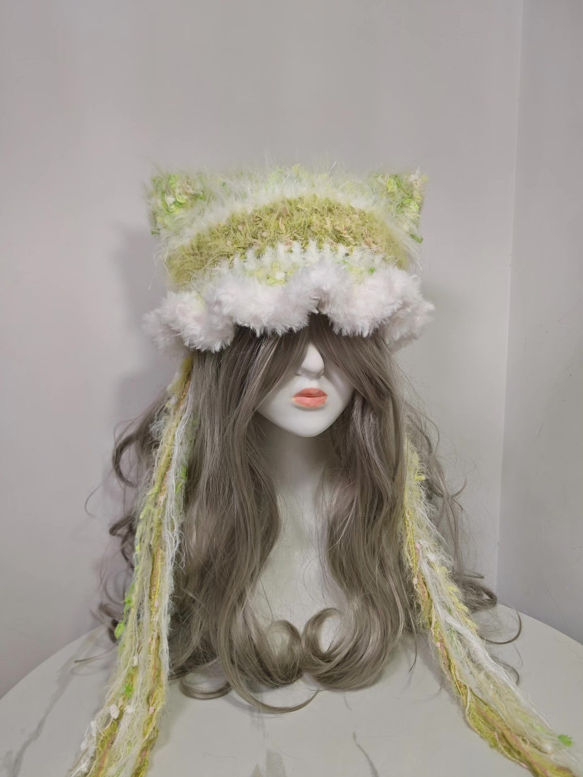 Handmade Green Cat Ear Hat with Tassels