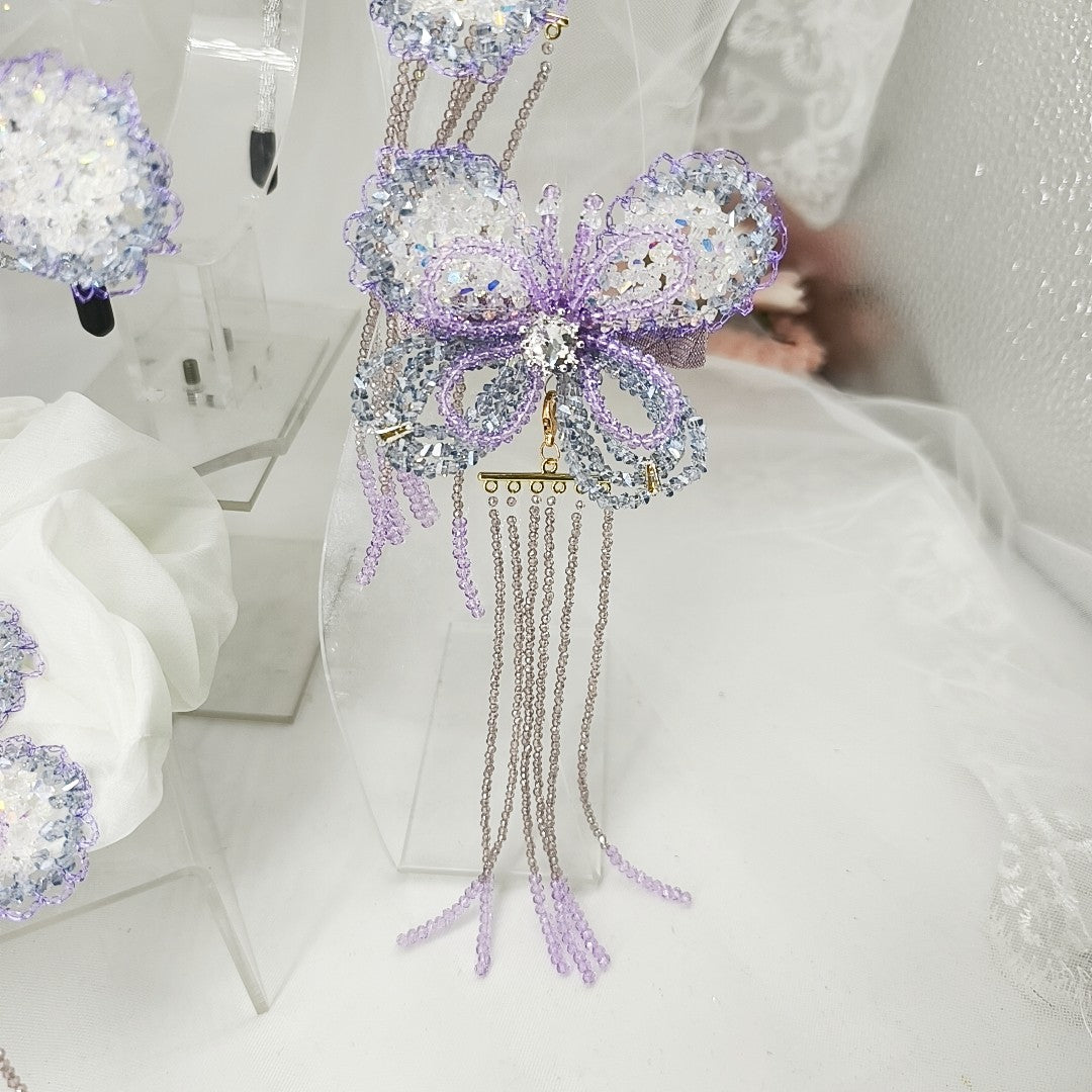 Purple Crystal Butterfly Hair Clip Beaded Tassel