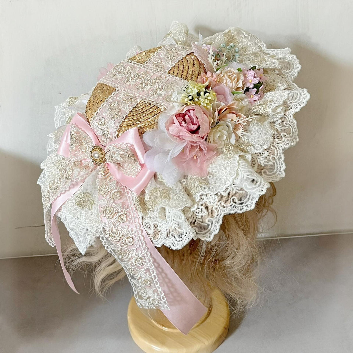 Lolita Straw Bonnet Pink Floral Lace Hat