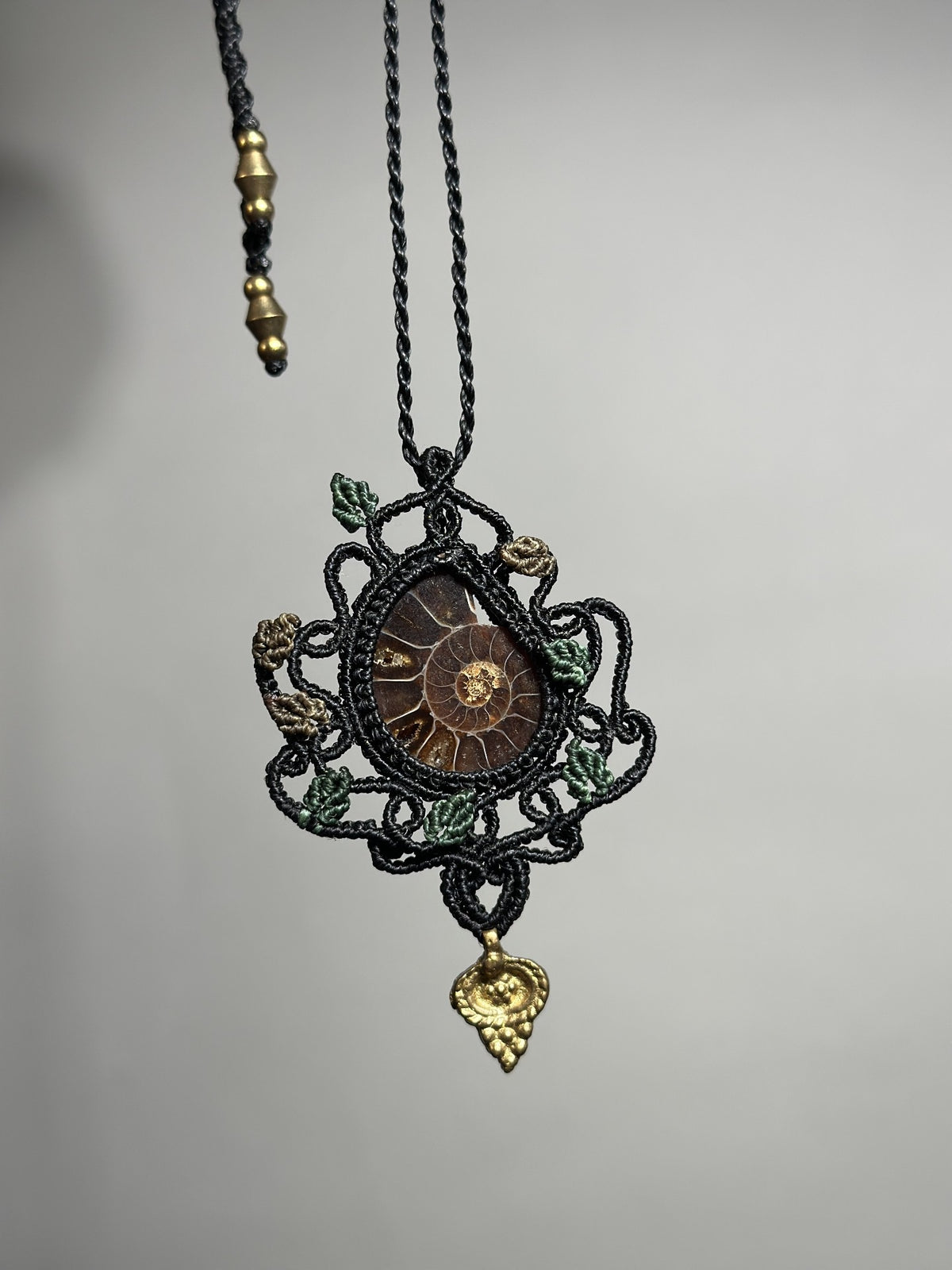 Handwoven Black Cord Ammonite Fossil Necklace