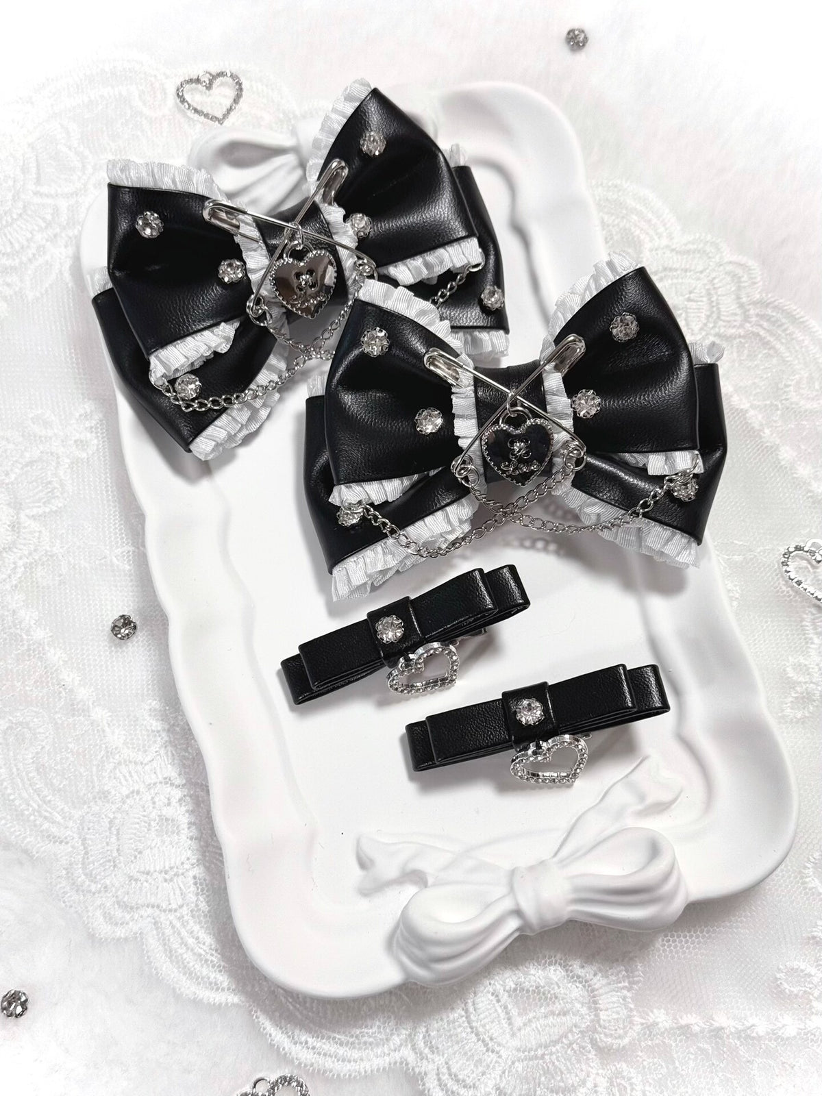 Black Bow Hair Clip Set with Rhinestones