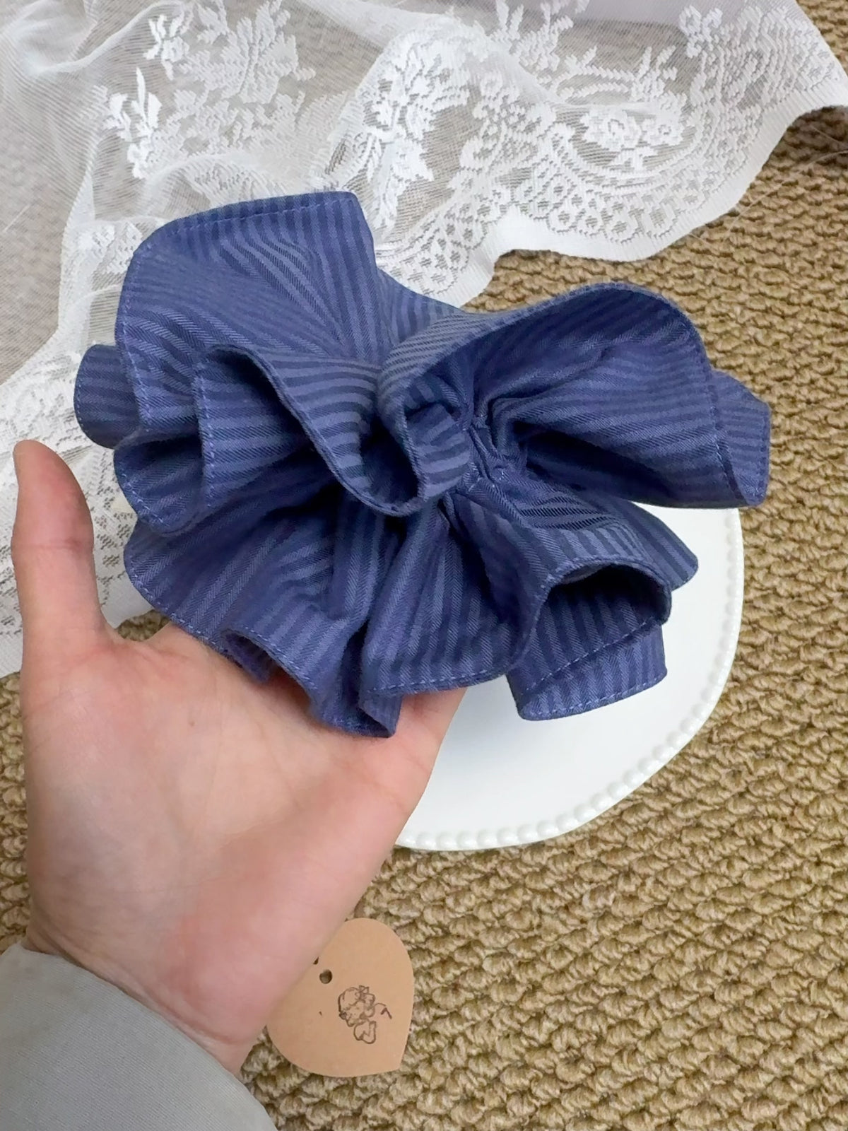 Large Navy Blue Striped Double Layer Scrunchie