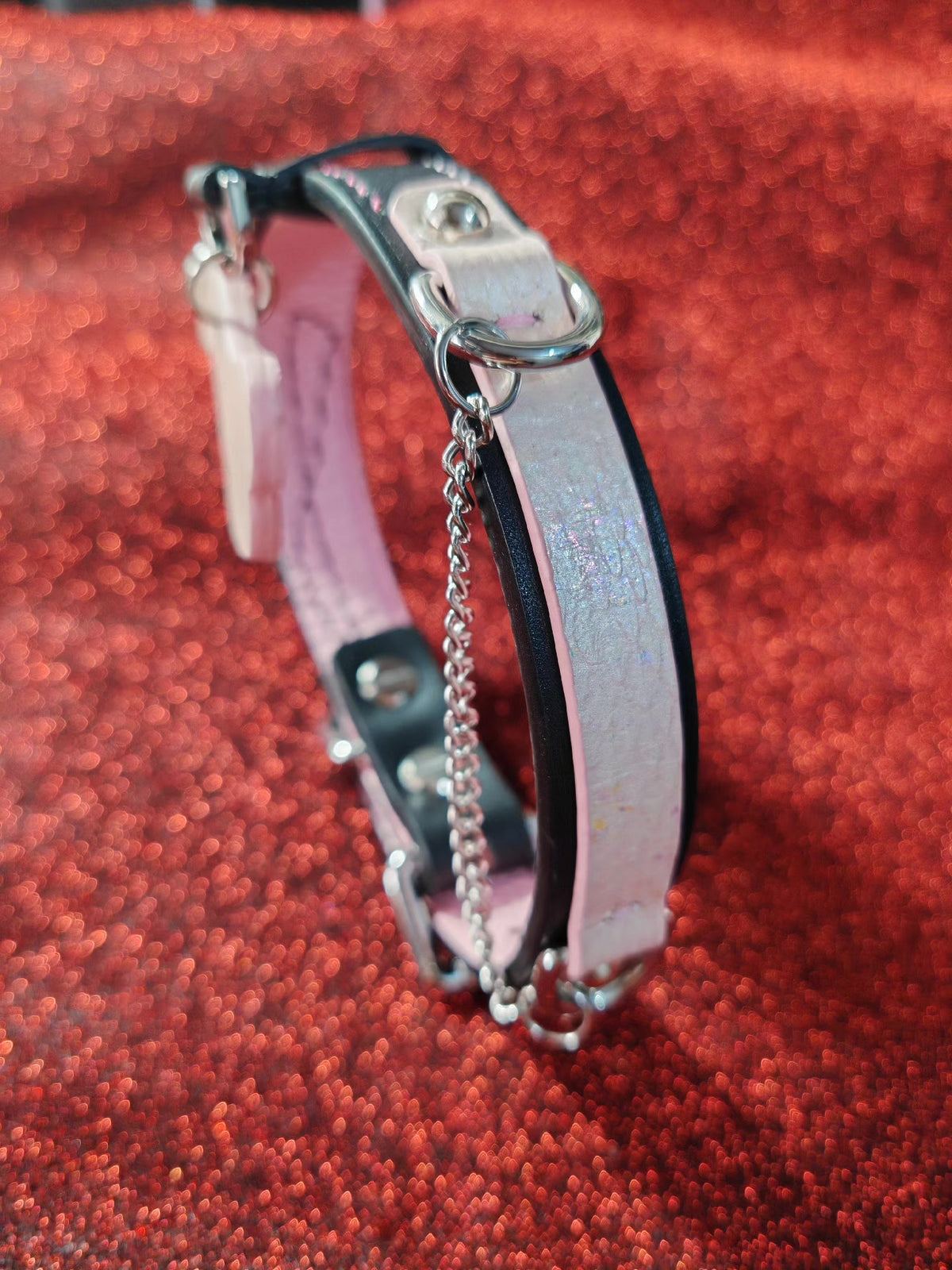 Double Layer Leather Pet Collar Pink Snake Skin
