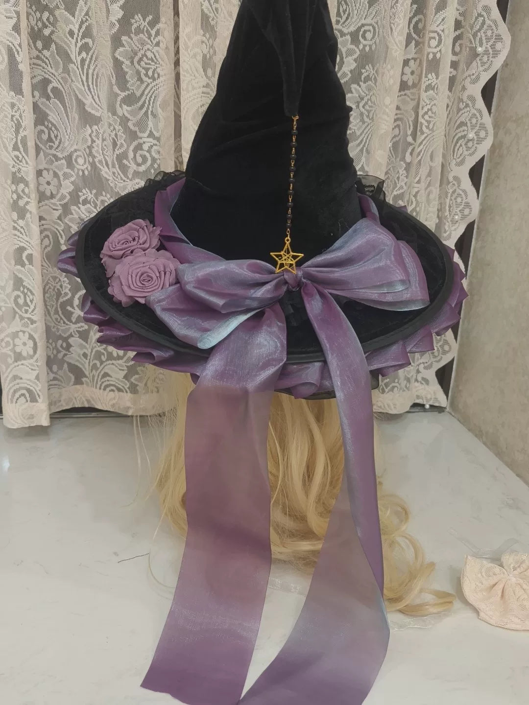 Black Velvet Witch Hat Purple Lace Bow
