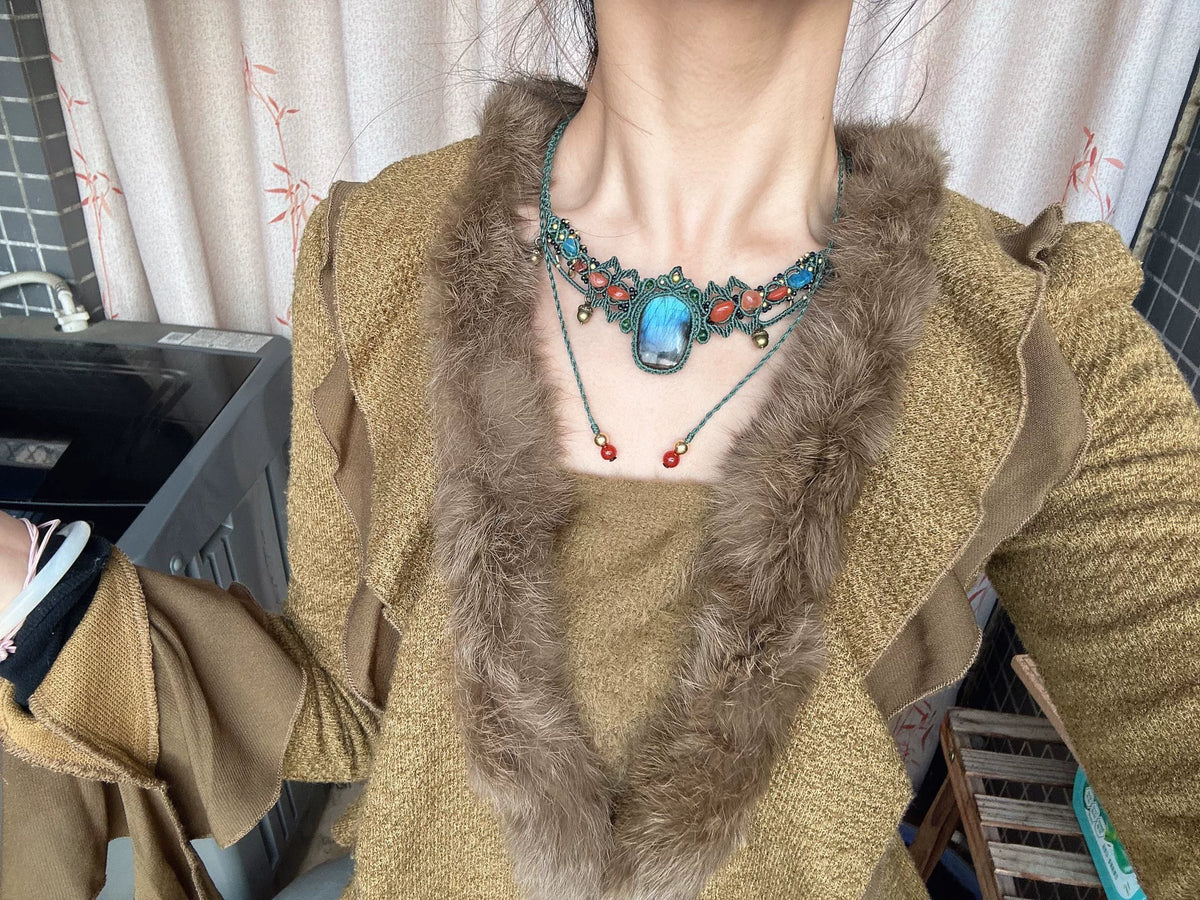 Handgemaakte Labradoriet Macramé Choker Ketting