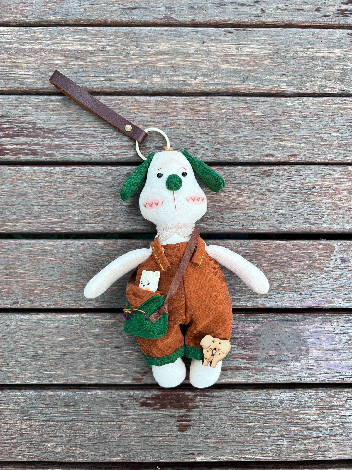 Plush Dog Pendant Keychain with Green Pouch