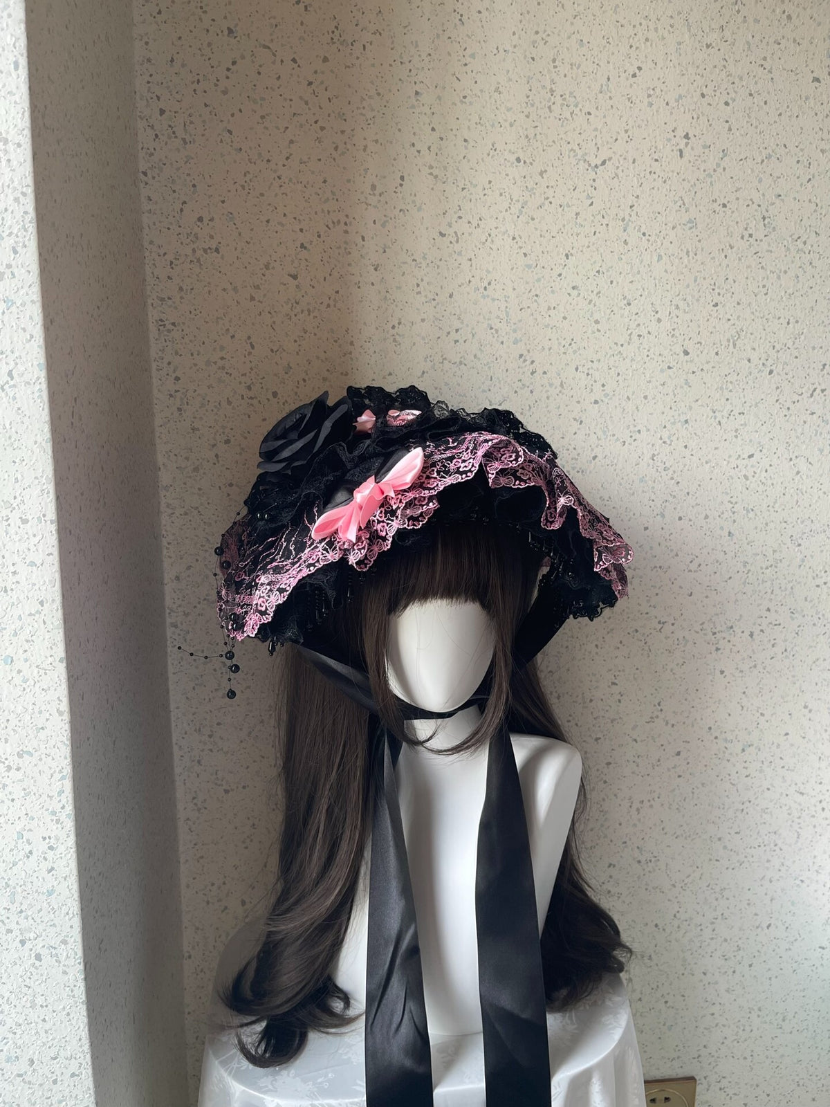 Lolita Bonnet with Black and Pink Lace